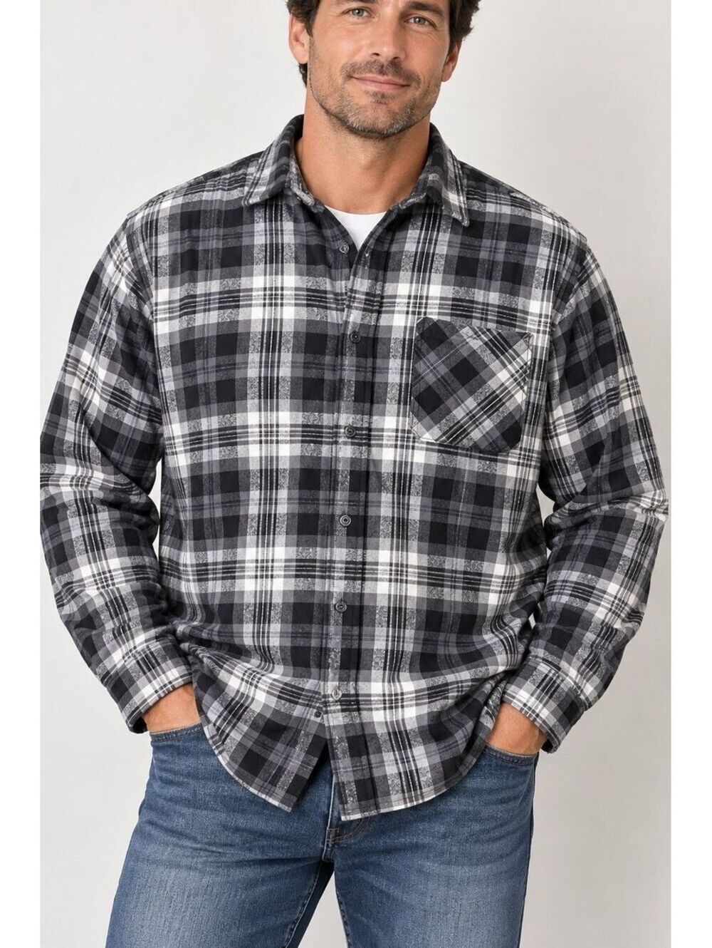 Boston Traders Men's XXL Plaid 100% Cotton Flannel Shirt Black Gray Long Sleeve